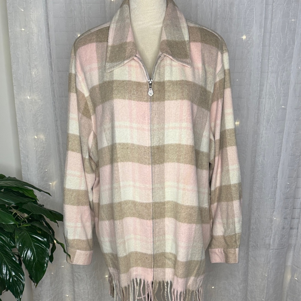 Elegant Plaid Pink and Tan Flannel Jacket for Women